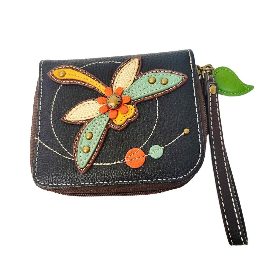 CHALA Dragonfly Zip Around Wallet Wristlet Leaf Charm Colorful Black